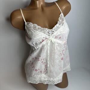 Lindex Lace Trim Floral Camisole White Pink Bow Coquette Ballet Cottage S/M